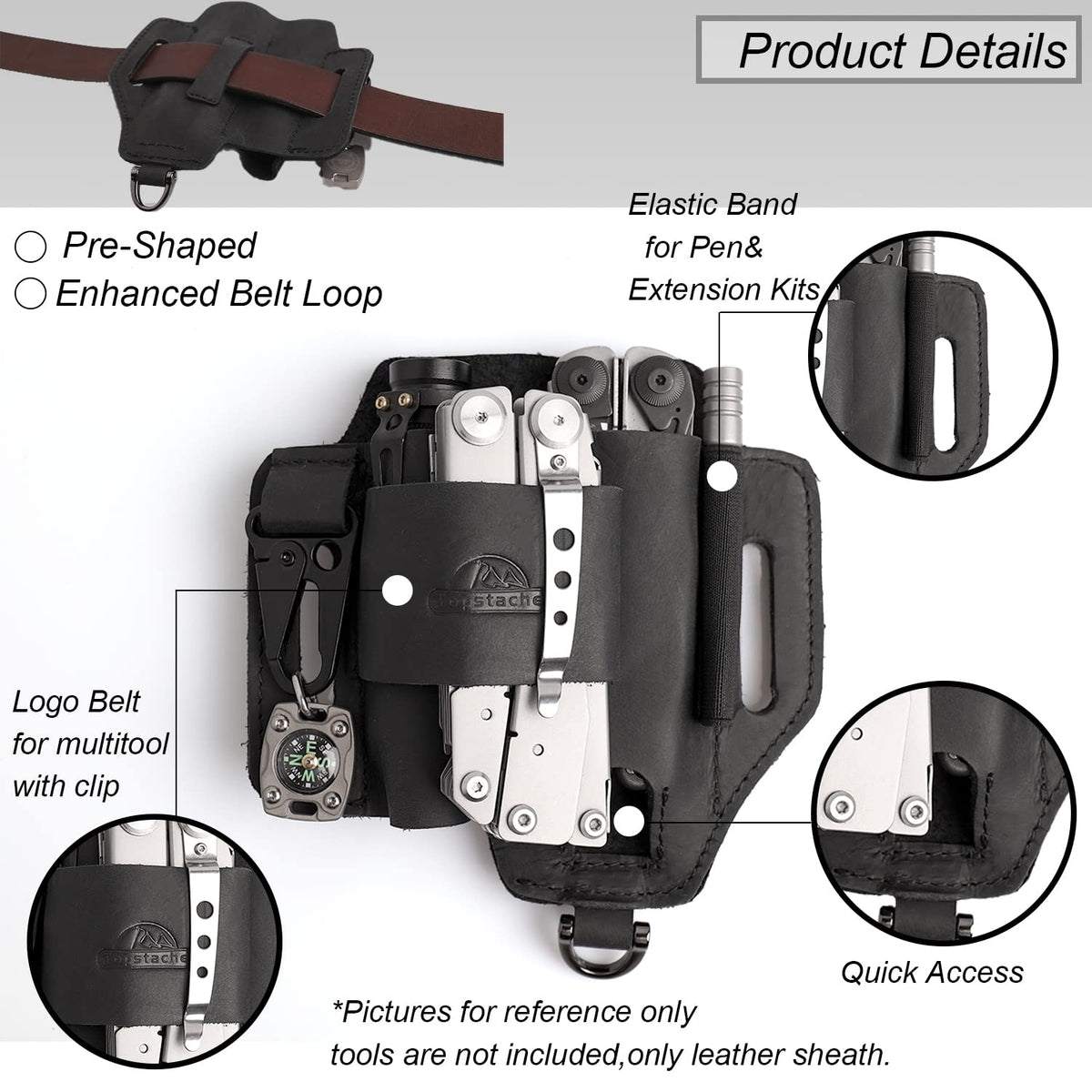 Topstache sheath front view shows organized space for multitool and essentials.