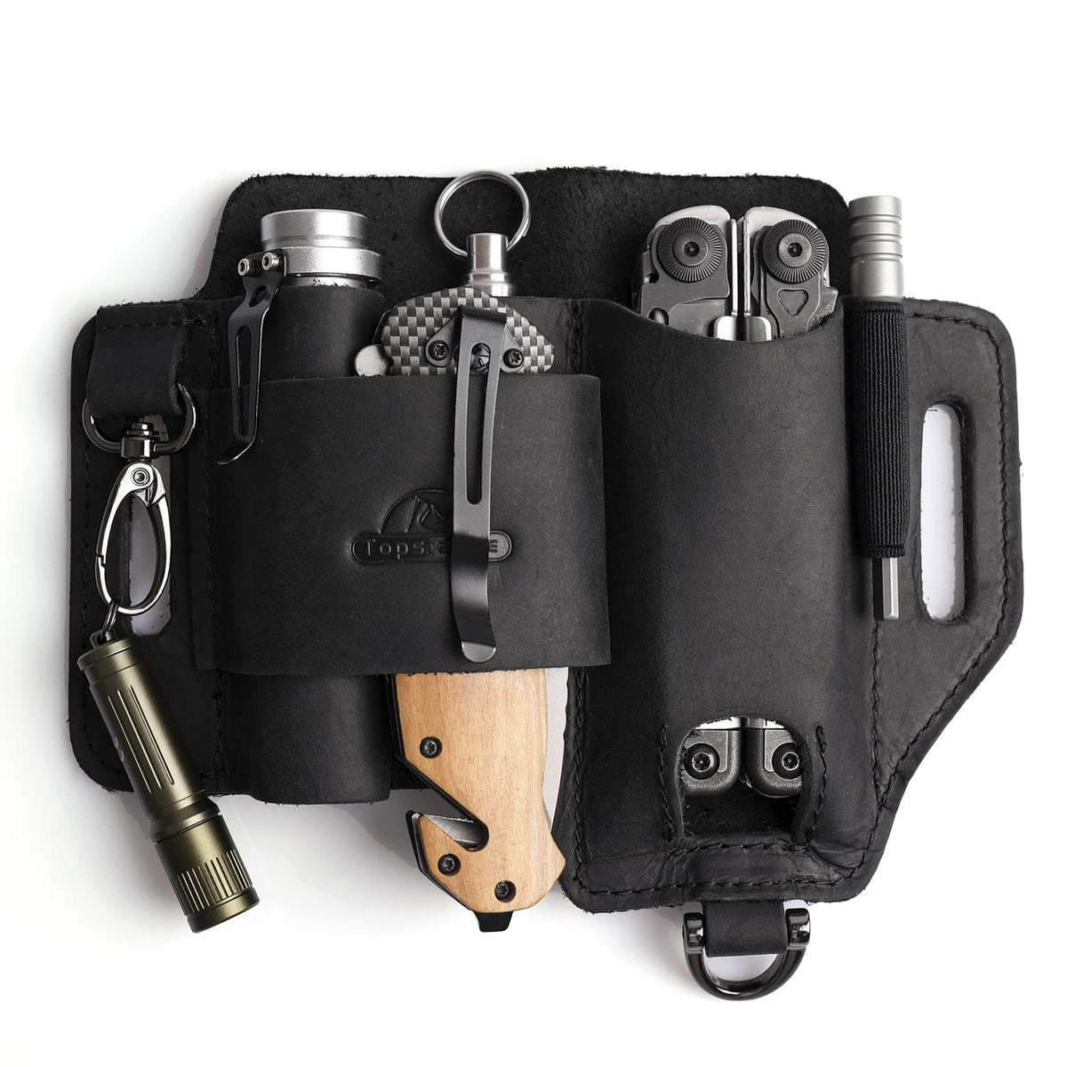 Topstache leather multitool sheath front view showing organized EDC access and tool protection.