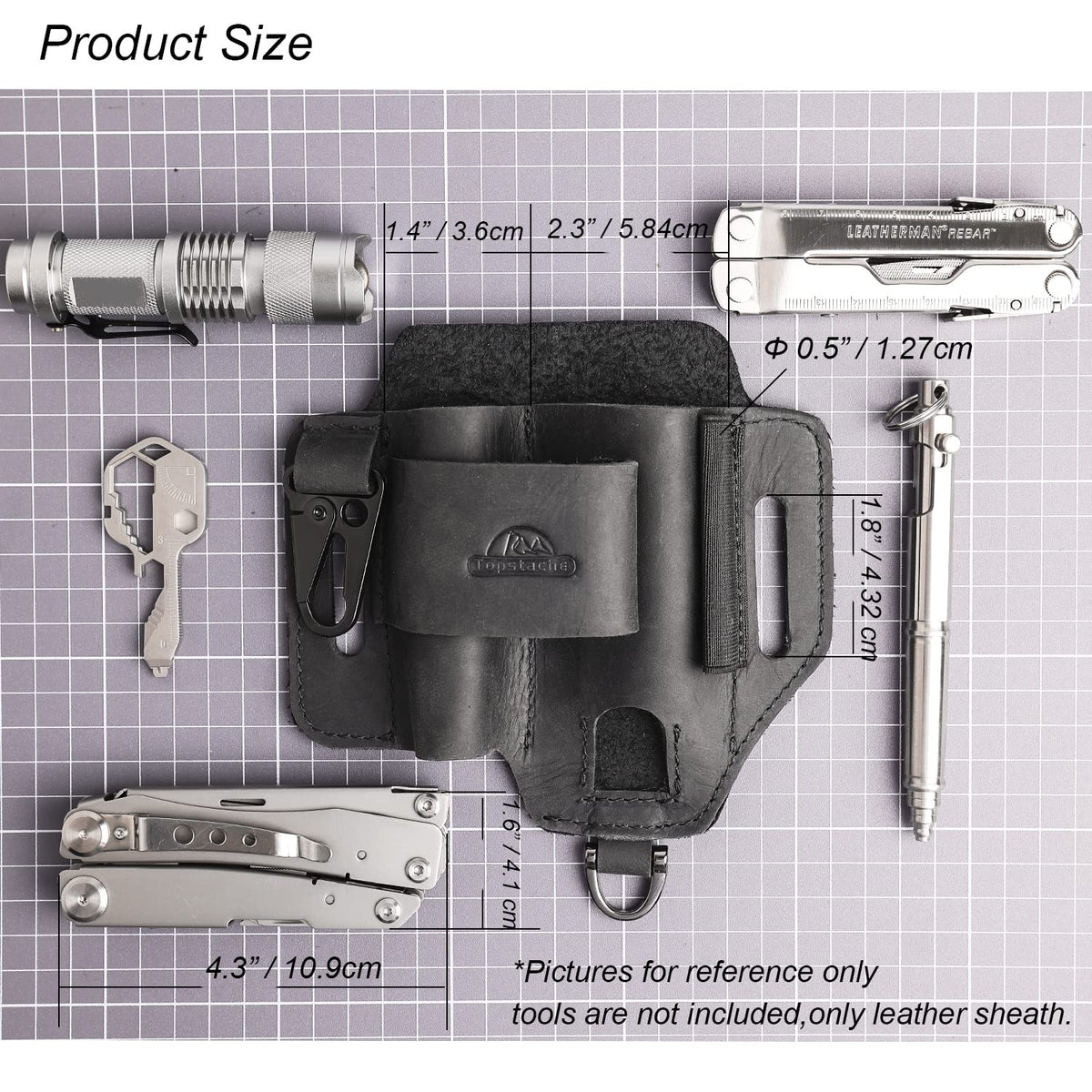 Topstache sheath with internal elastic and pockets keeps flashlight and pen accessible.