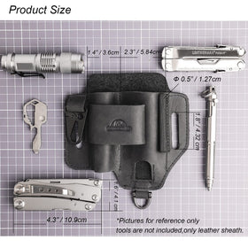 Topstache sheath with internal elastic and pockets keeps flashlight and pen accessible.