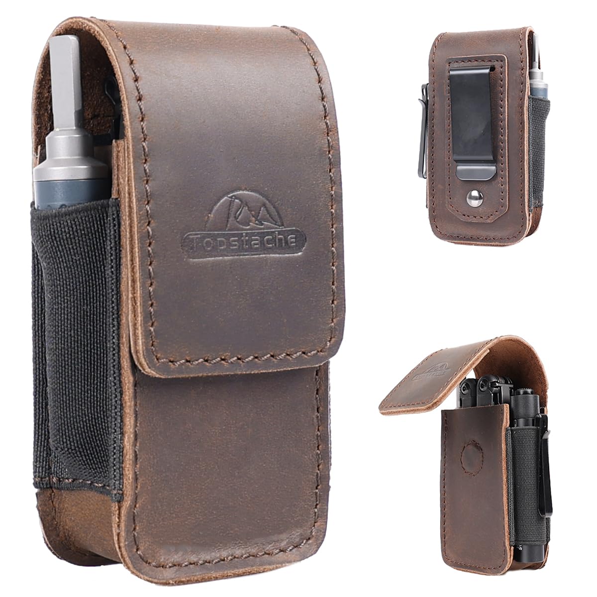 Topstache leather multitool sheath main compartment shows organized interior for quick tool access.