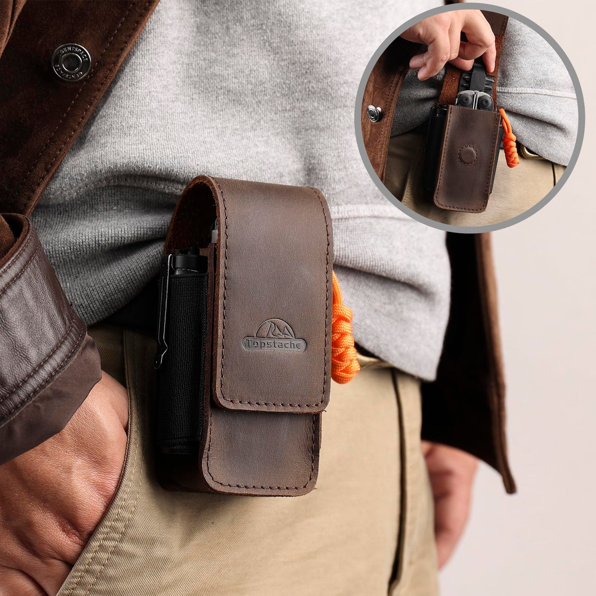 Topstache leather sheath made with Crazy Horse leather for durability