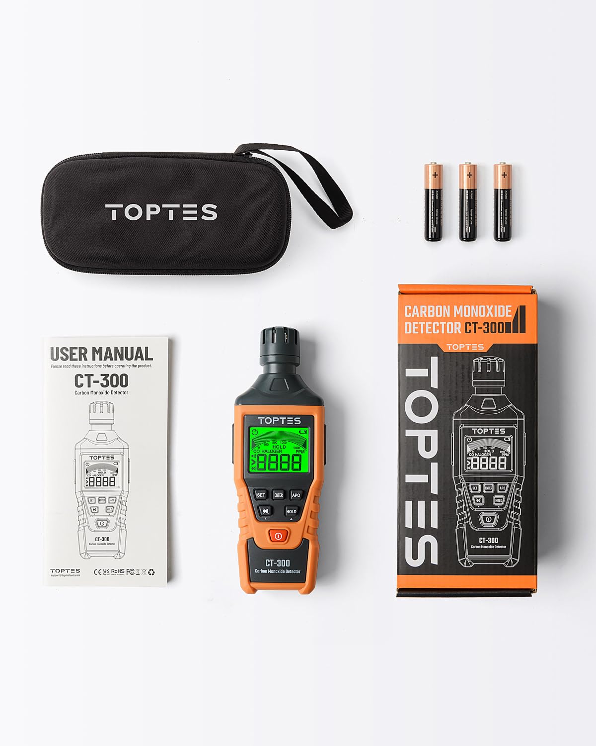 TopTes CT-300 packaging includes detector, protective case, and three AAA batteries