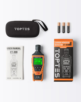 TopTes CT-300 packaging includes detector, protective case, and three AAA batteries