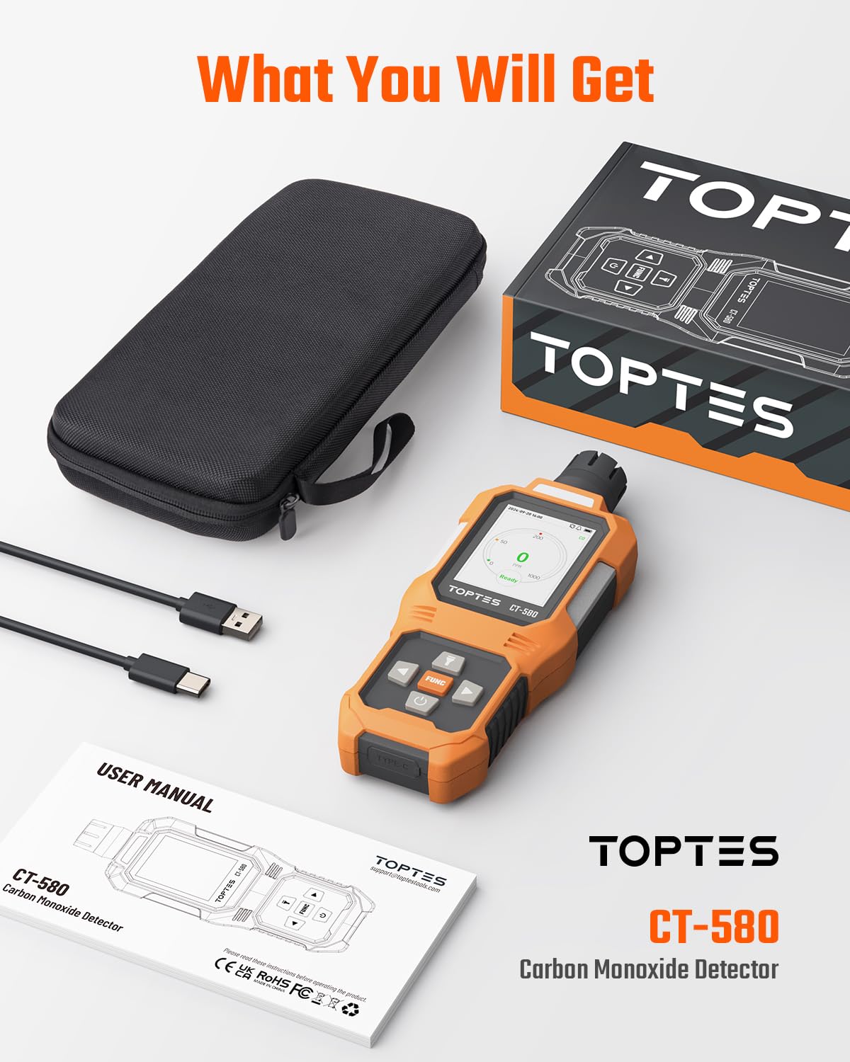 TOPTES CT-580 handheld CO detector ideal for home, travel, and work.
