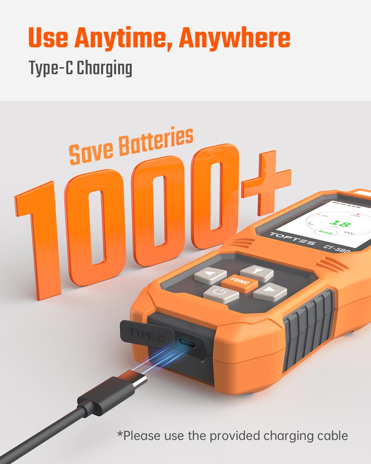 TOPTES CT-580 compact body in hand for portable CO monitoring.