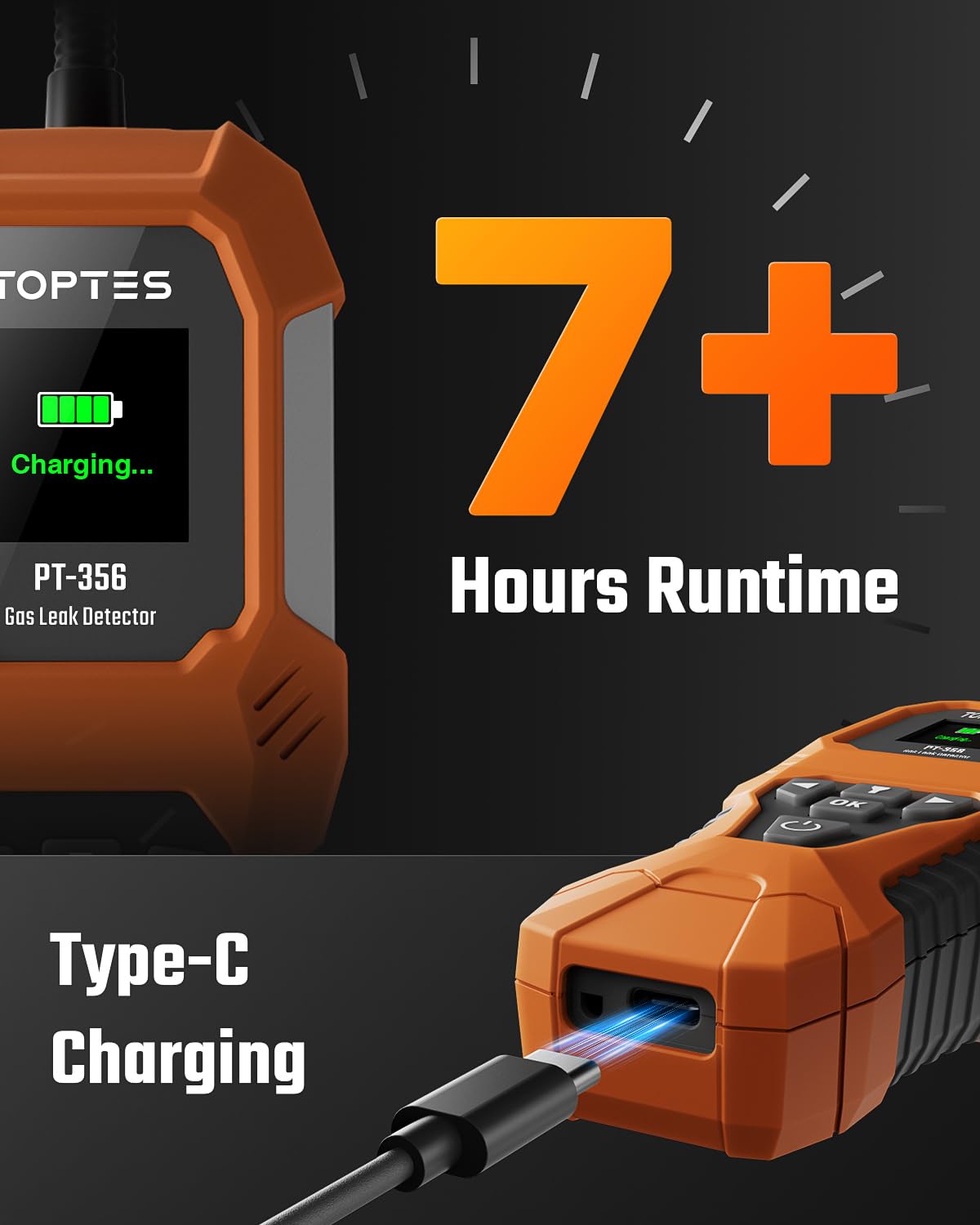 TopTes PT-356 Type-C port keeps the detector ready with fast charging.