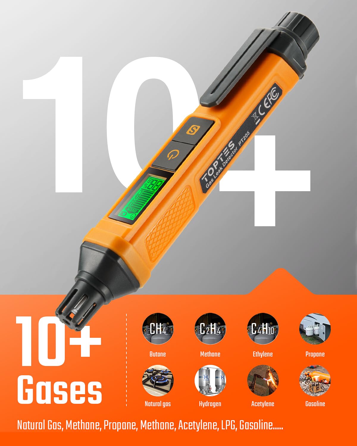 TOPTES PT205 LCD bar-graph display communicates rising gas levels at a glance.