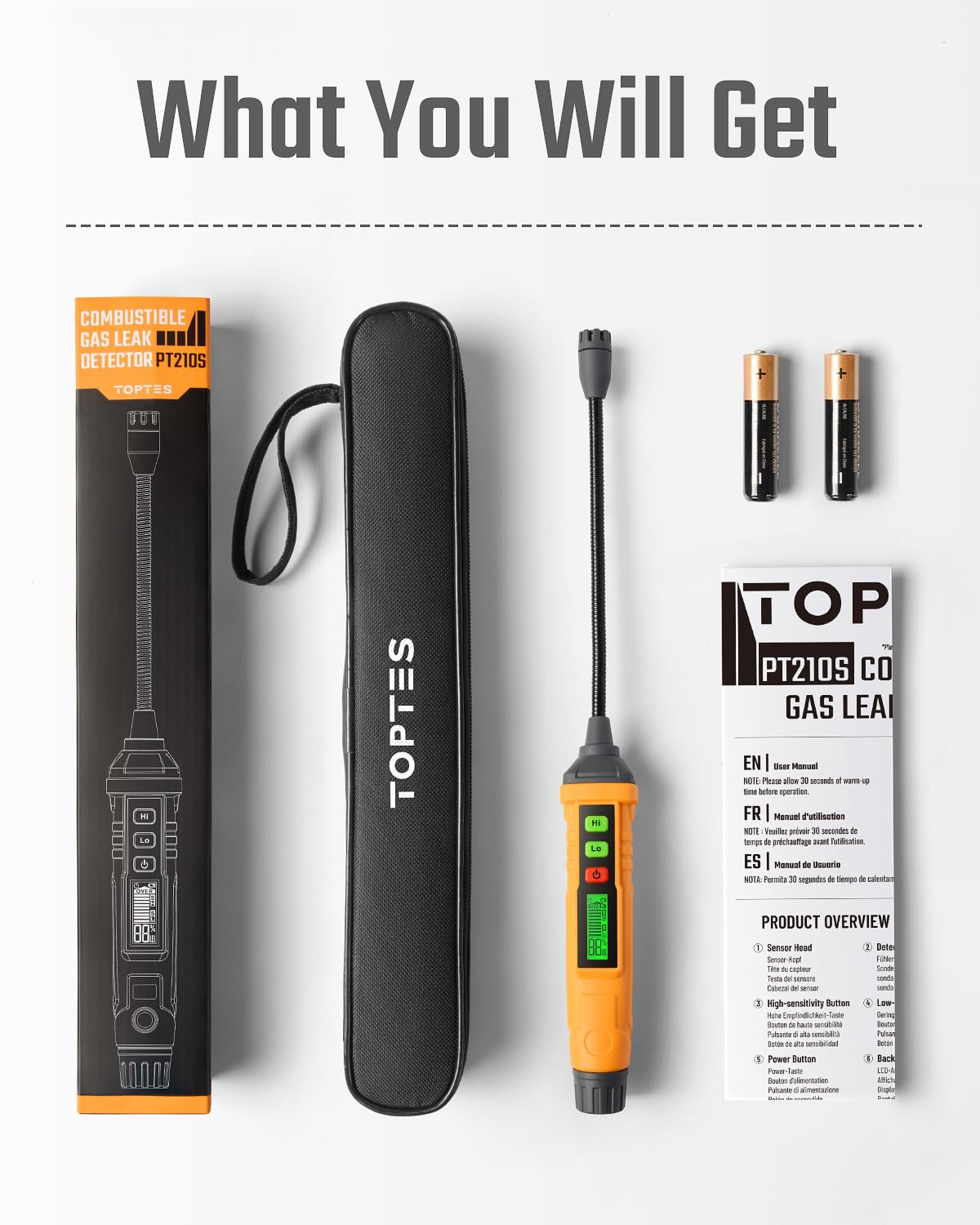 Box includes detector, storage bag, manual, and batteries for immediate use.