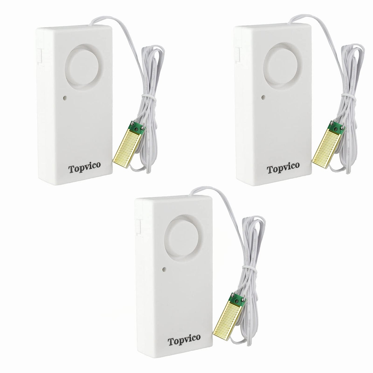 Topvico water leak sensor alarm unit emits 120dB alert for quick notification.
