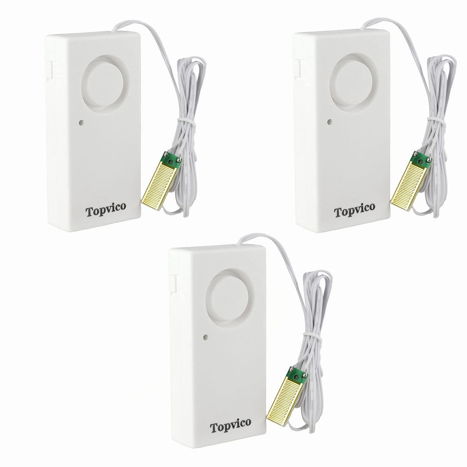 Topvico water leak sensor alarm unit emits 120dB alert for quick notification.