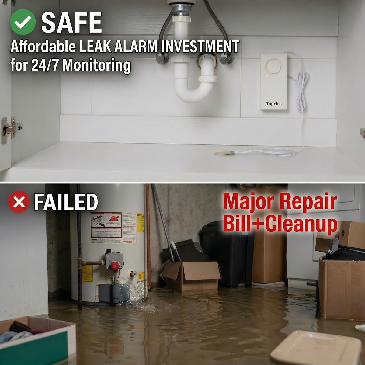 Topvico alarm setup for basements, kitchens, and RVs.