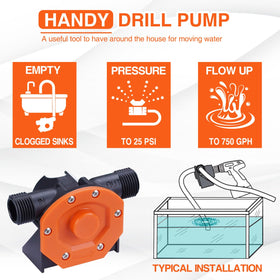 TOPWAY drill pump connected to a hand drill for operation.