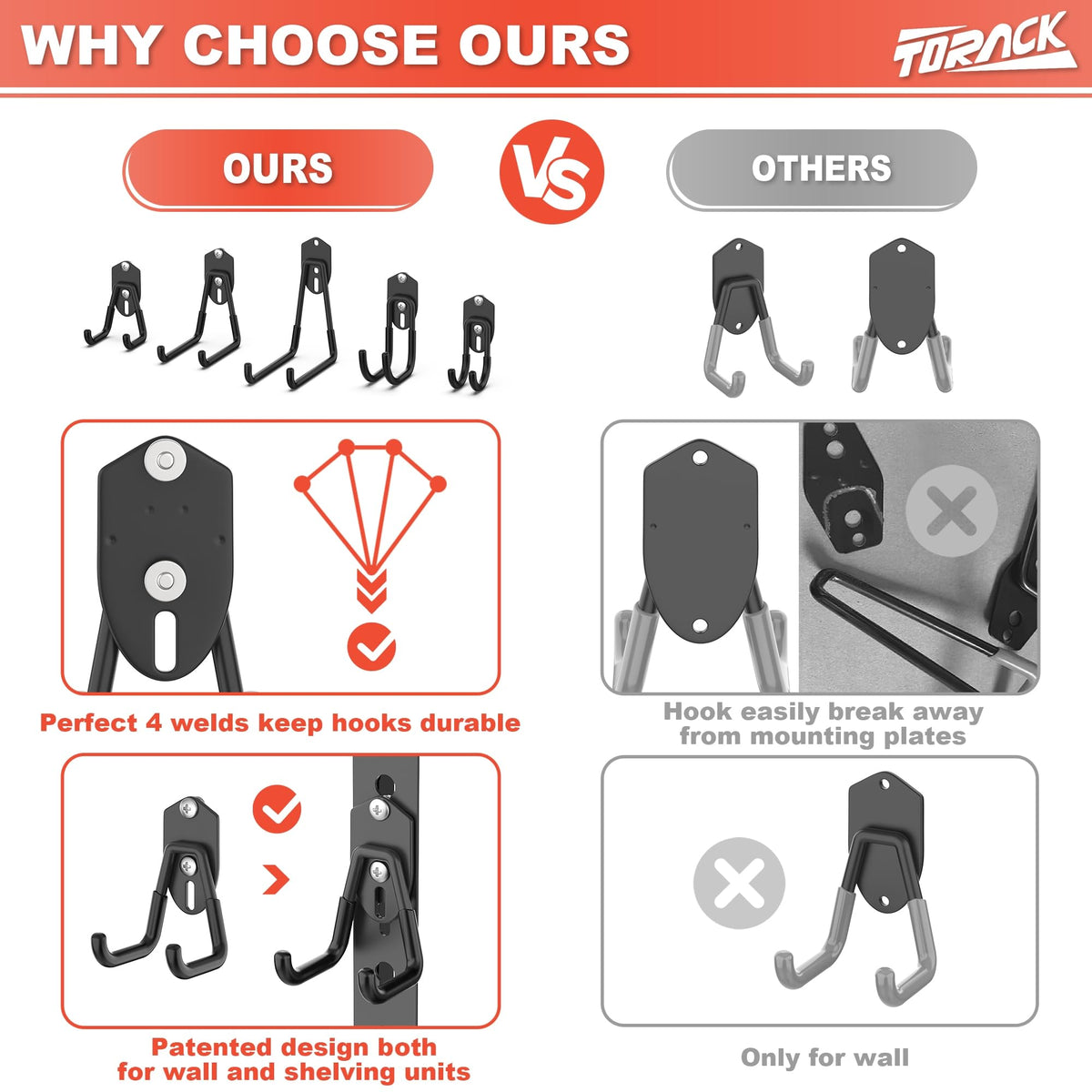 TORACK 15 PCS garage hooks with durable steel base for lasting use.