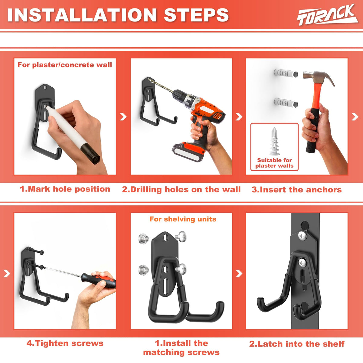 TORACK 15 PCS garage hooks install easily without special tools for quick organization.