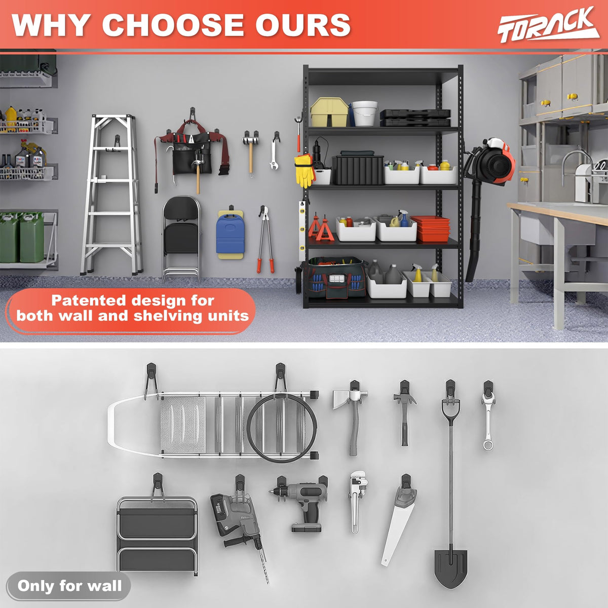 TORACK 15 PCS garage hooks fit keyhole shelving for tidy ladder storage.
