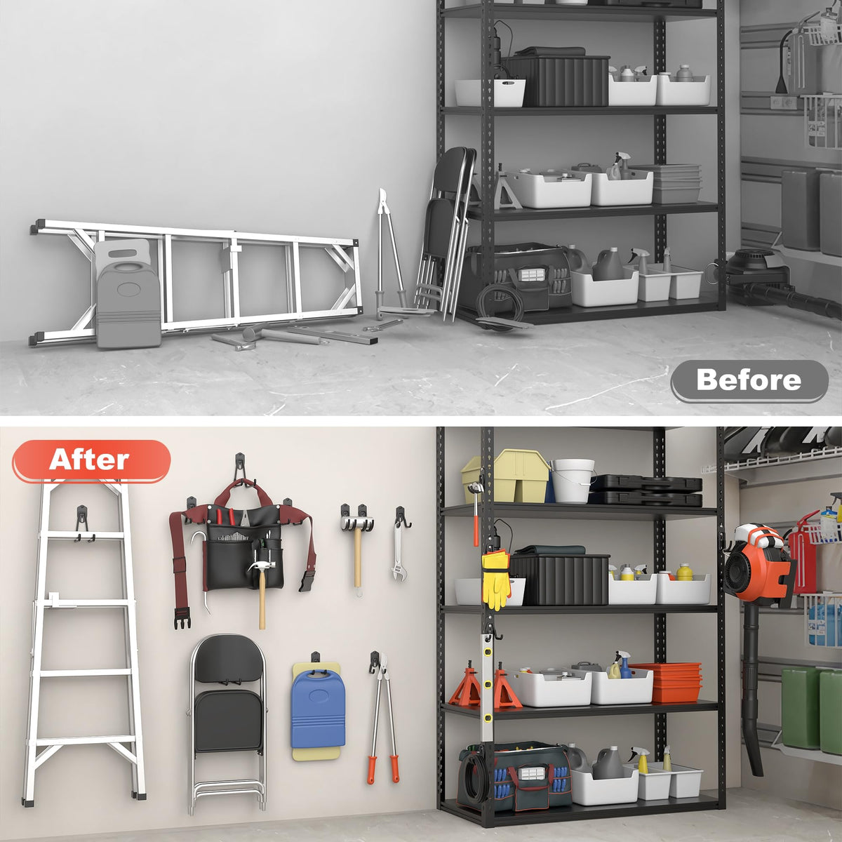 TORACK 15 PCS garage hooks organize cords and folding chairs efficiently.