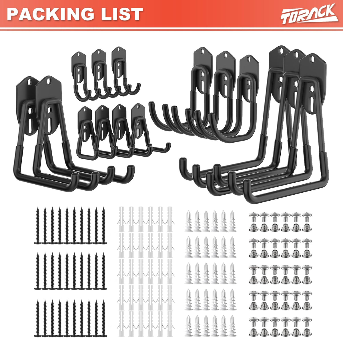 TORACK 15 PCS garage hooks maximize vertical storage on shelving units.