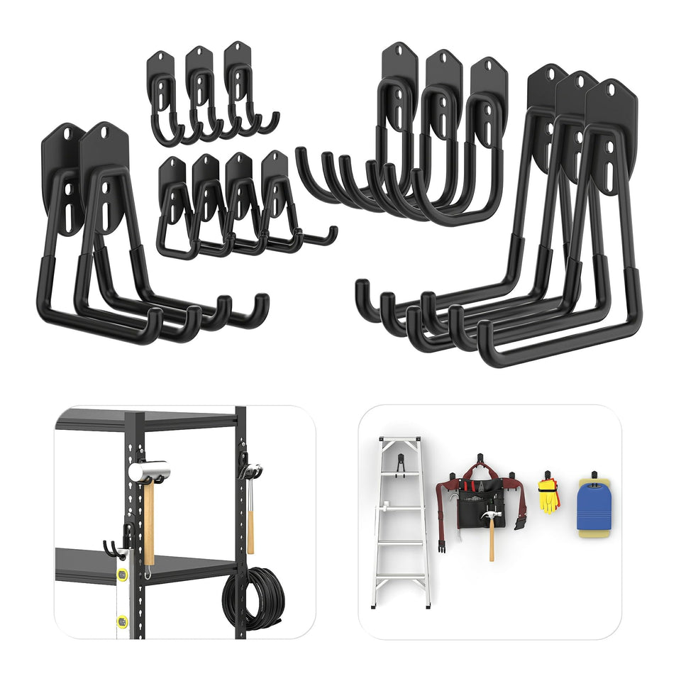 TORACK 15 PCS garage hooks mounted on the wall keep tools off the floor.