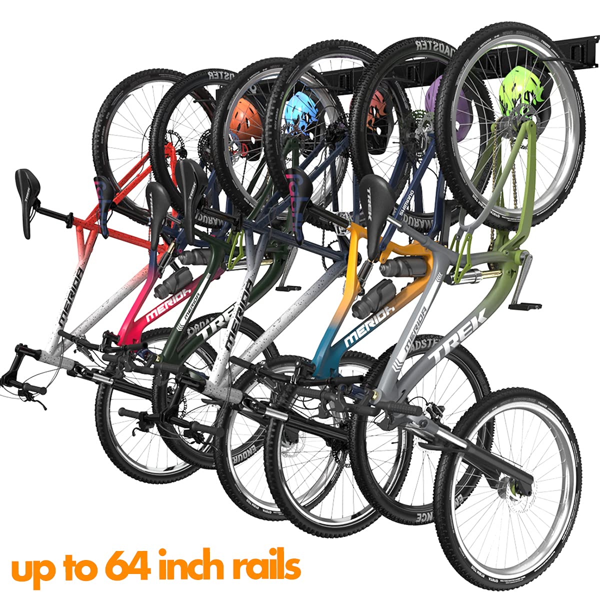 Close-up of 64-inch rails showing sturdy length for bikes.