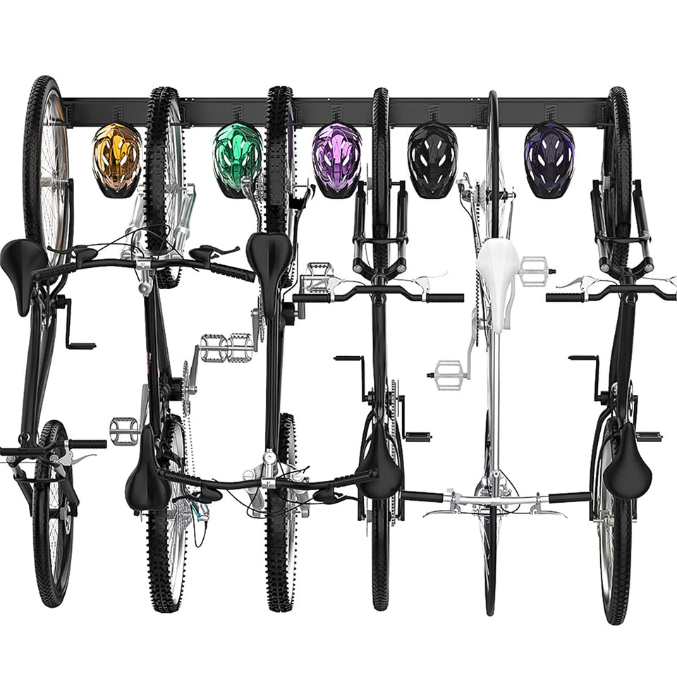 TORACK wall-mounted bicycle storage system stores six bikes securely.