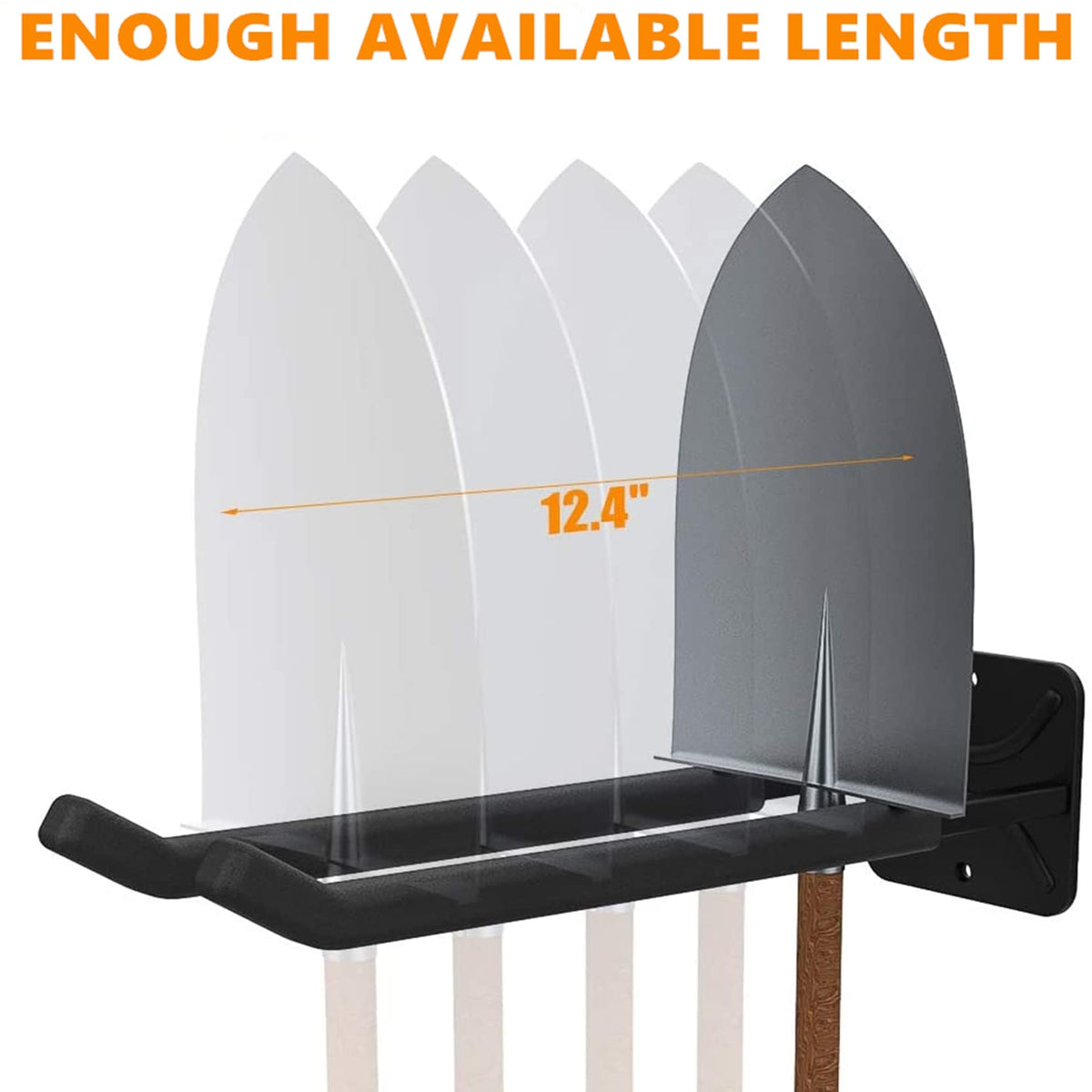 TORACK rubber-coated hooks prevent scratches while holding garden tools and cords.