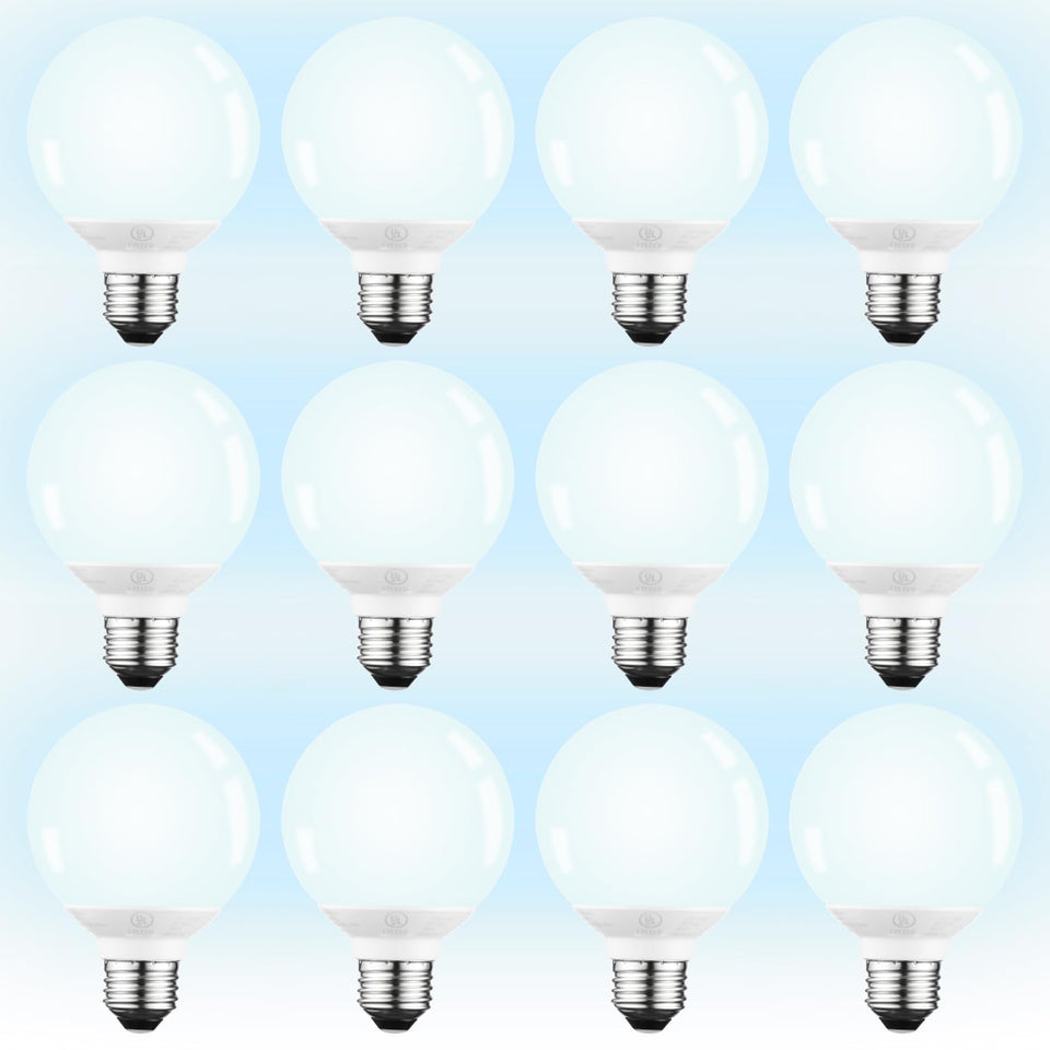 TORCHSTAR 12-pack G25 globe bulbs in daylight for vanity lighting and energy savings.