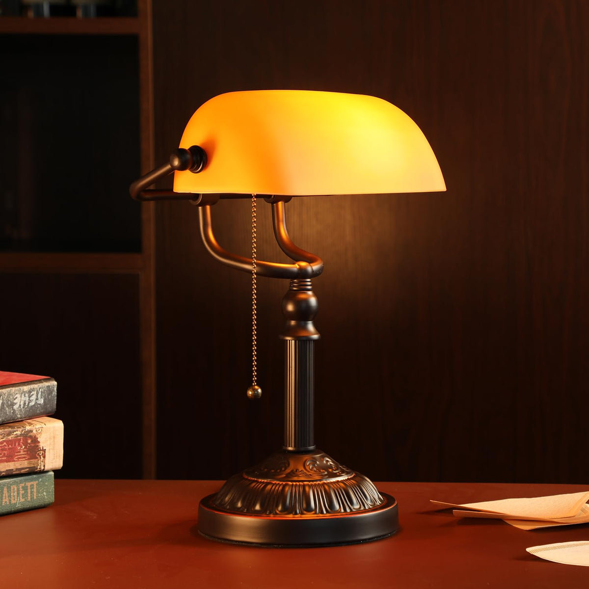 Torchstar bankers lamp enhances vintage library look in a room