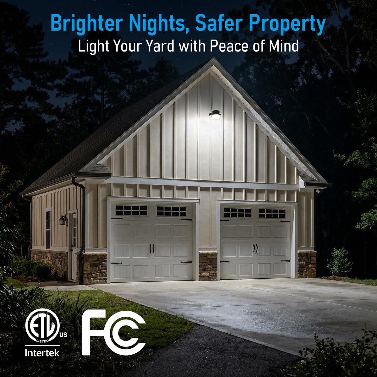 Torchstar barn light bronze finish enhances curb appeal during nighttime hours.