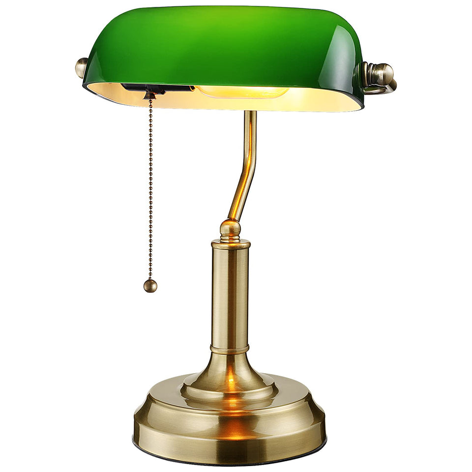 TORCHSTAR green glass bankers lamp with brass base adds vintage charm to any desk