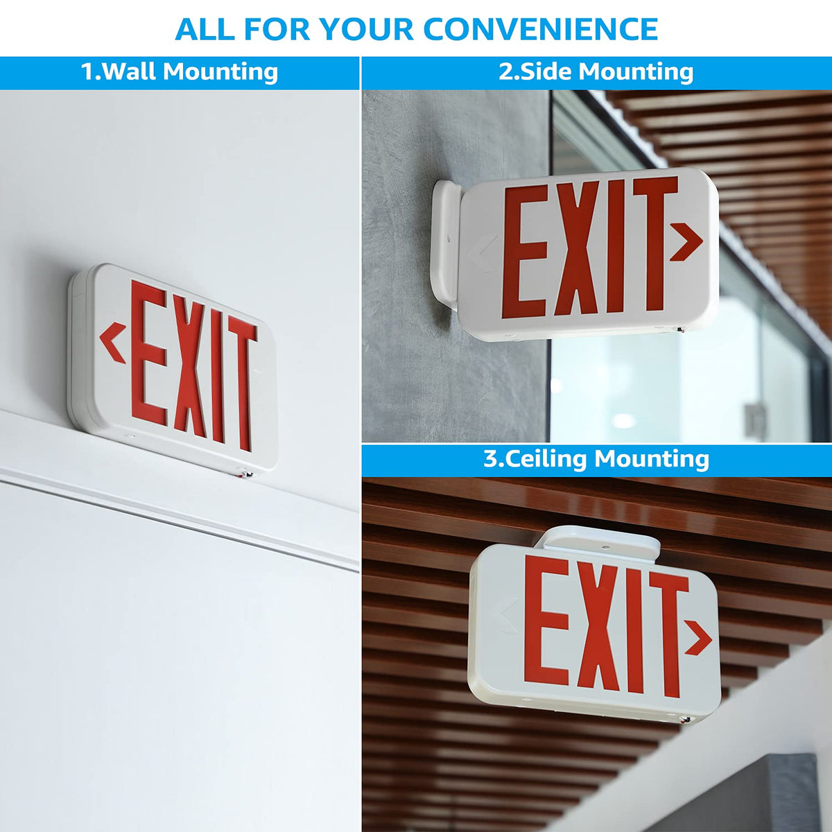Torchstar LED exit sign ceiling mount, versatile installation for hallways and lobbies.