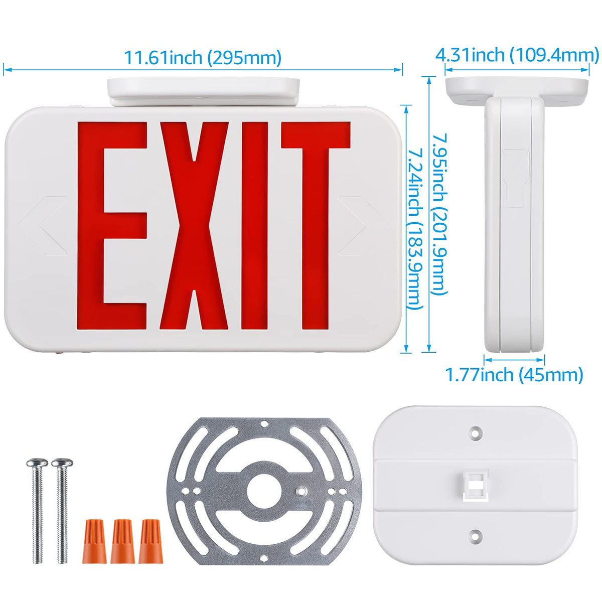 TORCHSTAR LED exit sign with battery backup detail highlights stored power for outages.