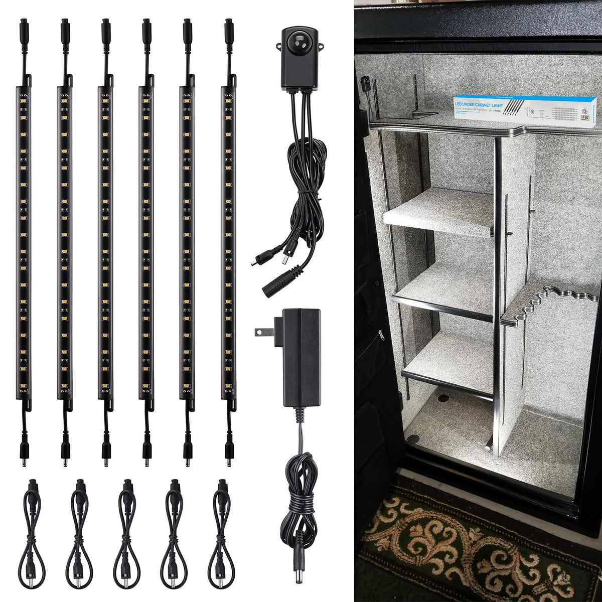 TORCHSTAR LED Safe Lighting Kit six-bar setup for even cabinet illumination.