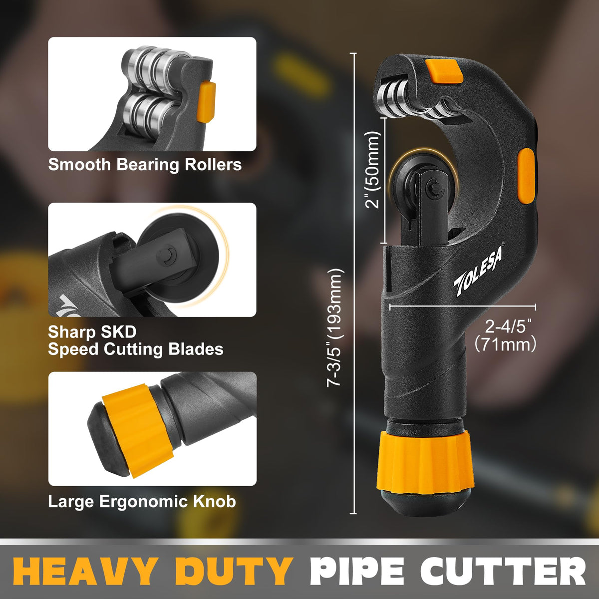 TOLESA pipe cutter adjustment knob secures precise clamping.