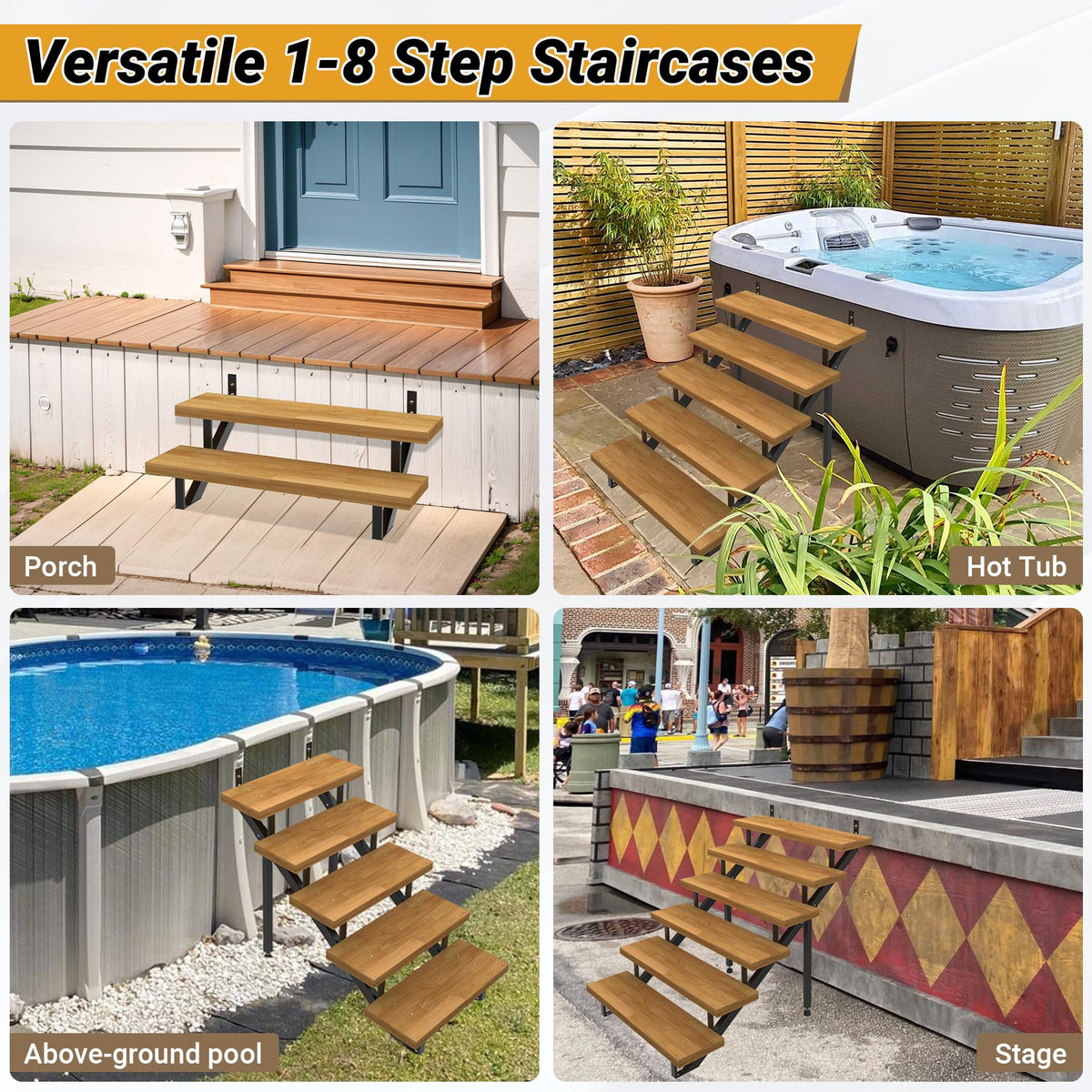 Versatile Toriexon stairs for deck, hot tub, doorway, or backyard access.