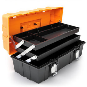 Torin 17-inch tool box exterior view showing sturdy black and orange shell for workshop use