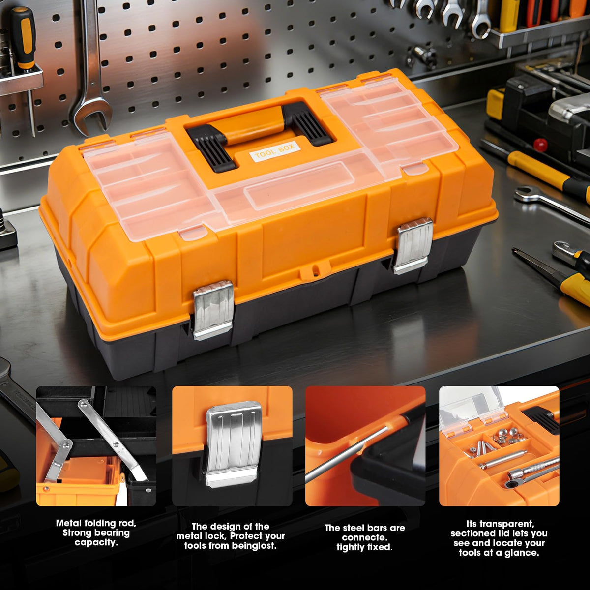 Torin 17-inch tool box metal latches close-up emphasizes durability and long life