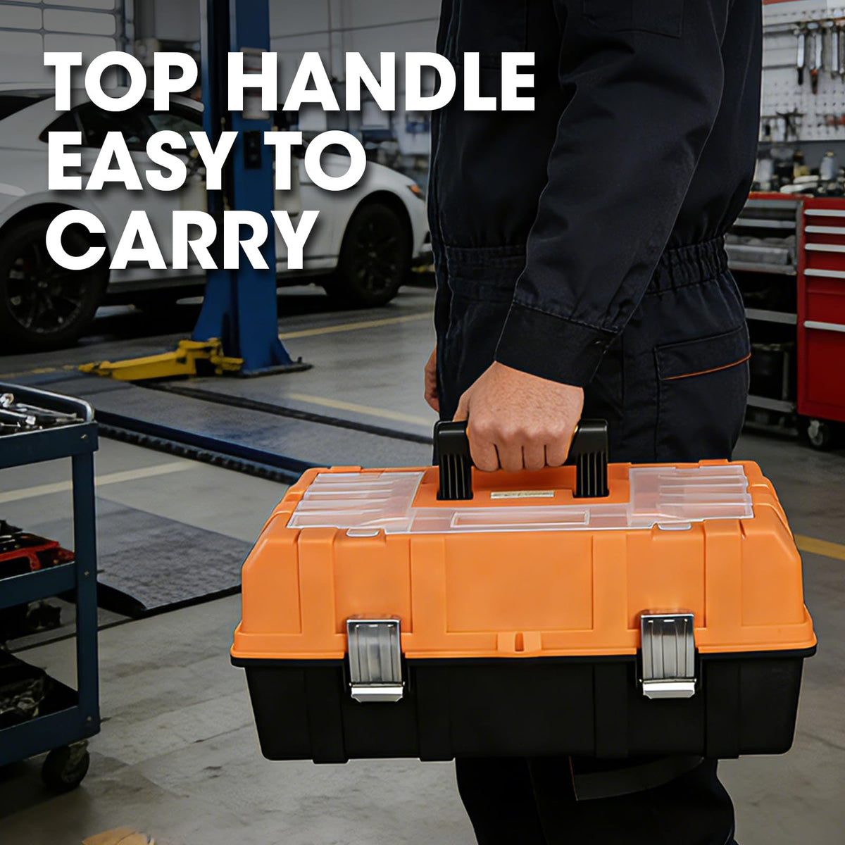 Torin 17-inch tool box side view demonstrates thick body and rugged construction