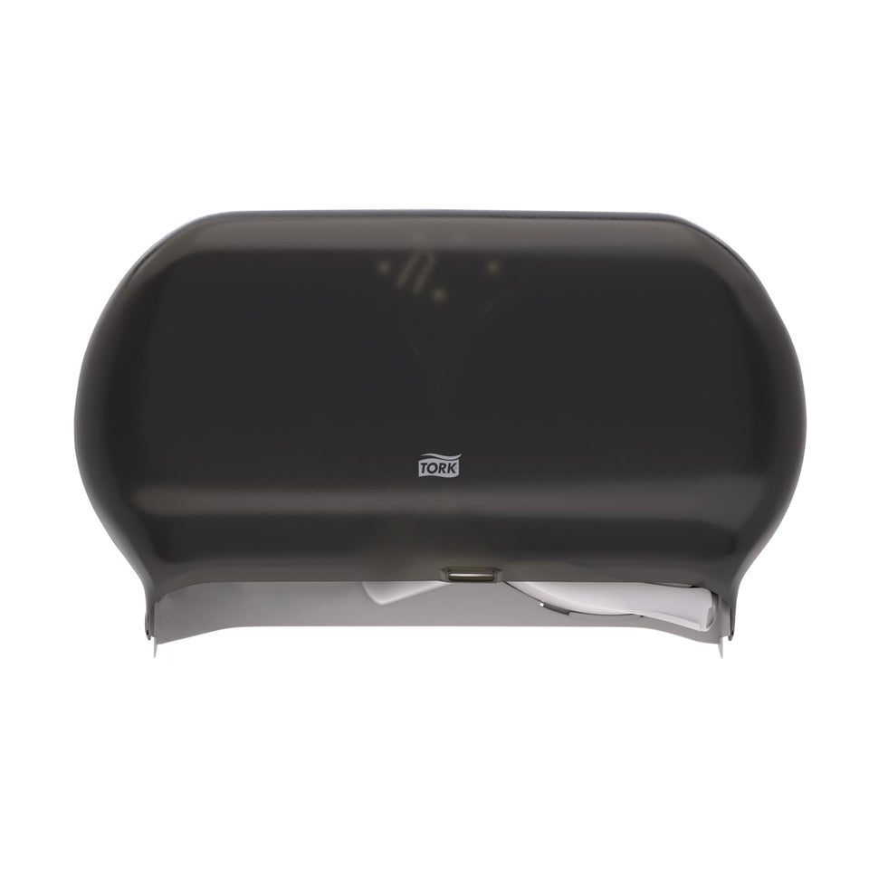 Tork Twin Jumbo Dispenser Smoke T22 front view shows a robust, high-capacity design.