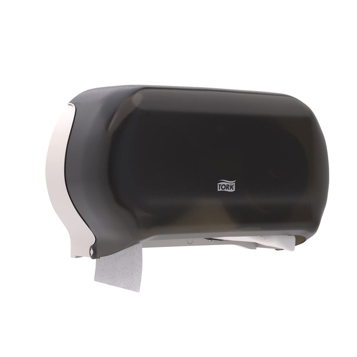 Tork Twin Jumbo Dispenser Smoke T22 built-in lock protects tissue from theft.