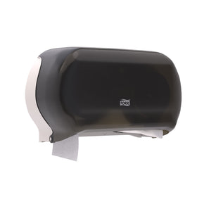 Tork Twin Jumbo Dispenser Smoke T22 built-in lock protects tissue from theft.