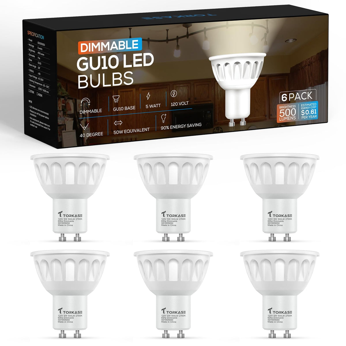 Torkase GU10 LED bulb in warm 2700K, 500lm, ideal for energy-saving track lighting.