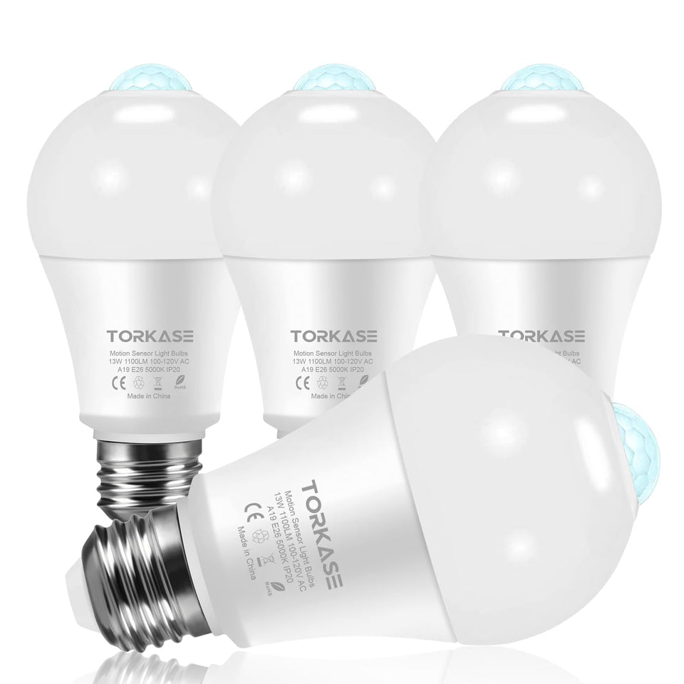 Torkase motion sensor LED bulbs 4-pack illuminating hallways and porches automatically at night