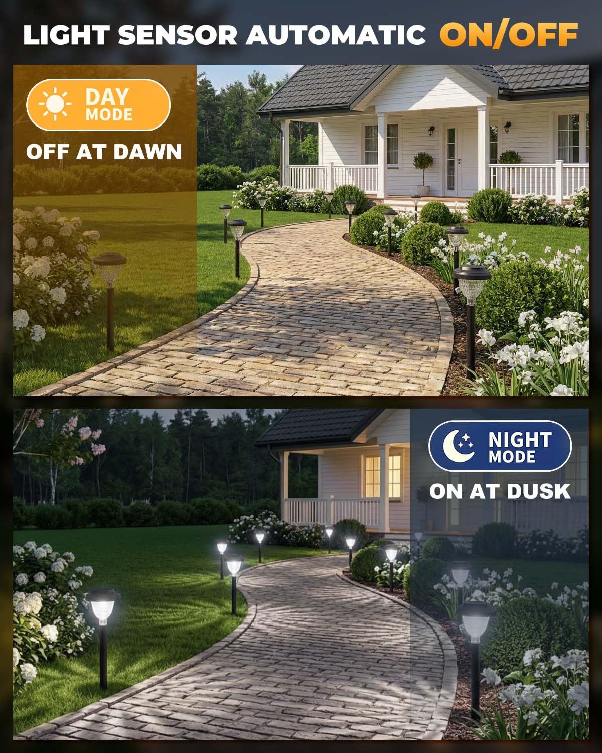 Torlaist solar pathway lights at dusk with auto on/off for effortless illumination