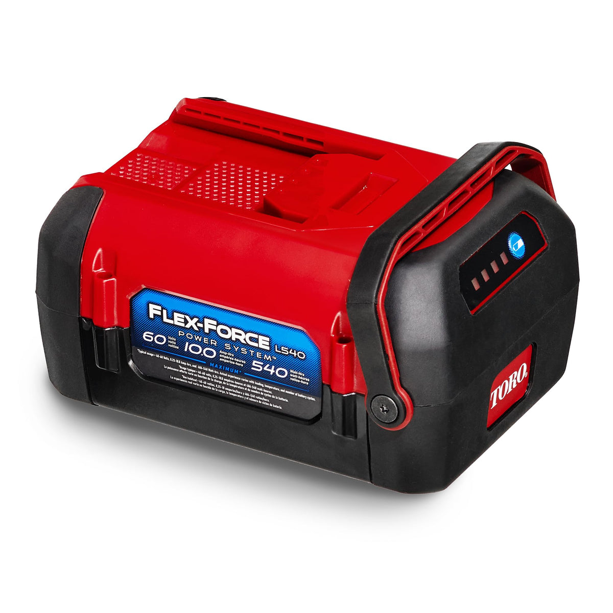 Toro 60V Flex-Force 10.0Ah battery with charge indicator for extended runtimes.