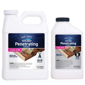 TotalBoat Clear Penetrating Epoxy bottle close-up for wood rot sealing.