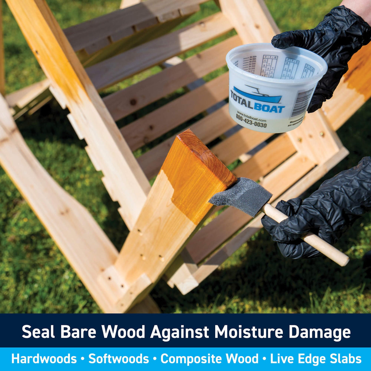 TotalBoat epoxy cured as a waterproof seal on wood.