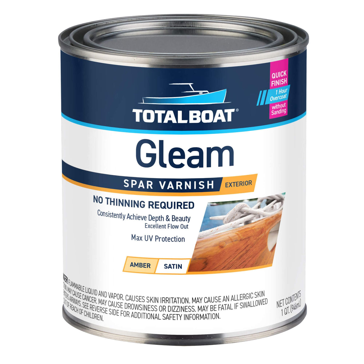 TotalBoat Gleam gloss bottle pour shows smooth amber finish on wood.