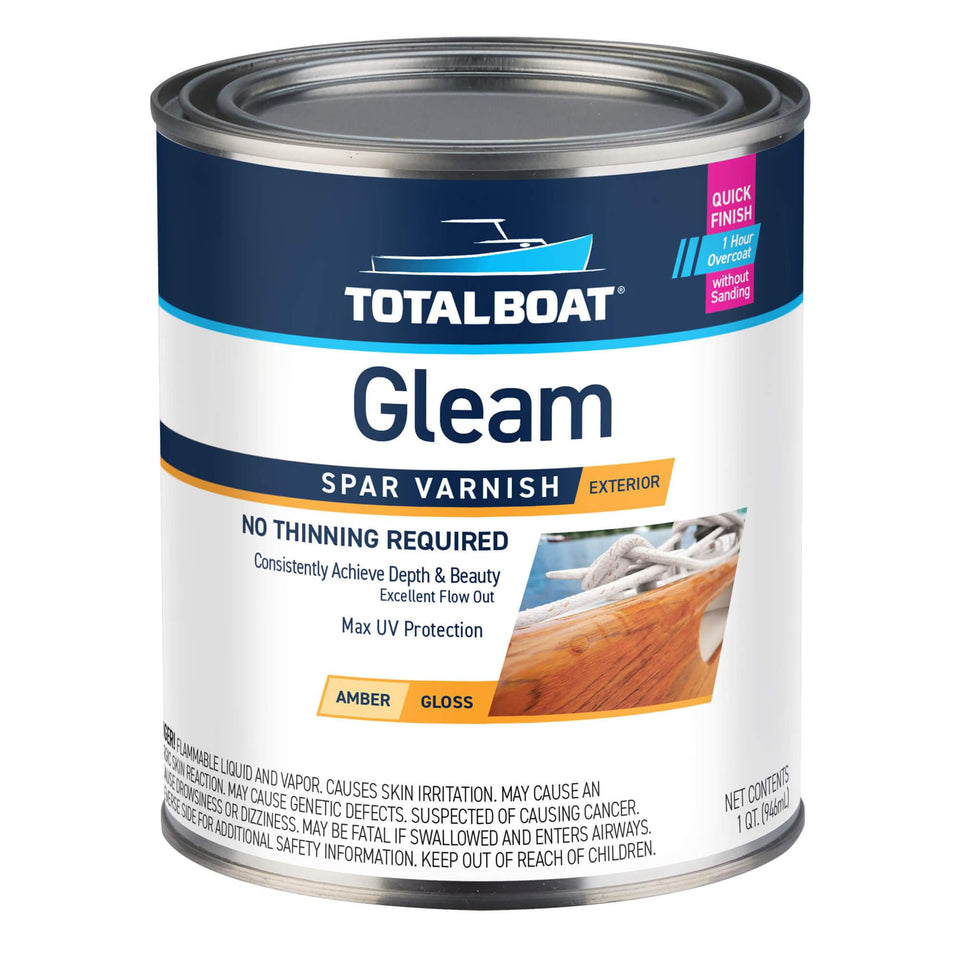 TotalBoat Gleam gloss varnish bottle ready for outdoor wood projects and boats