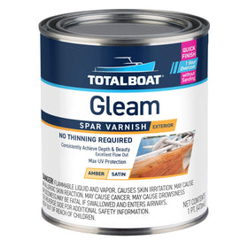 TotalBoat Gleam gloss varnish can for durable amber finish on boats and furniture.